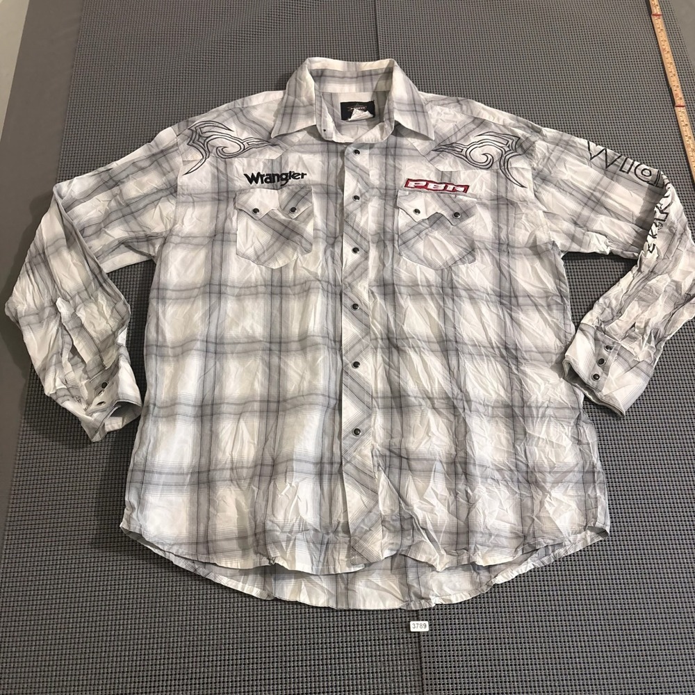 Wrangler PBR Mens Gray White Plaid Western Snap Shirt Size L MHS185M